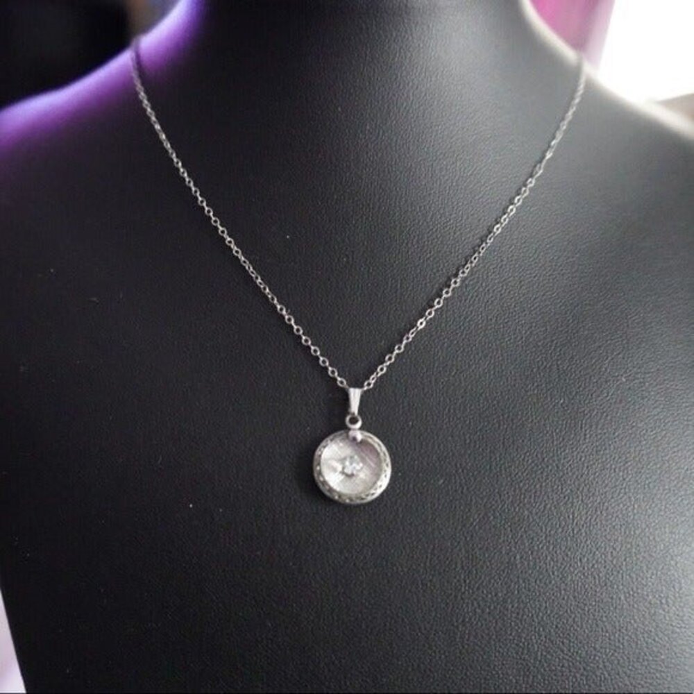 Small Round Pendant Necklace with Center Rhinestone Silver Tone - Picture 2 of 6
